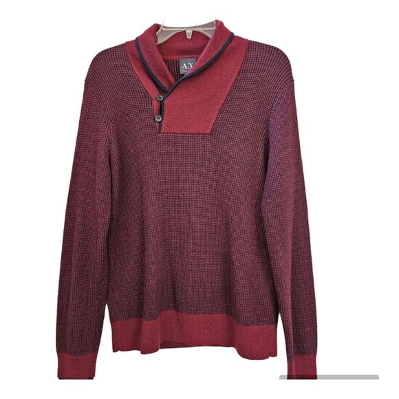 Armani Exchange Sweater M Merino Wool Maroon Thermal‎ Shawl Collar Knit Pullover - Picture 1 of 13